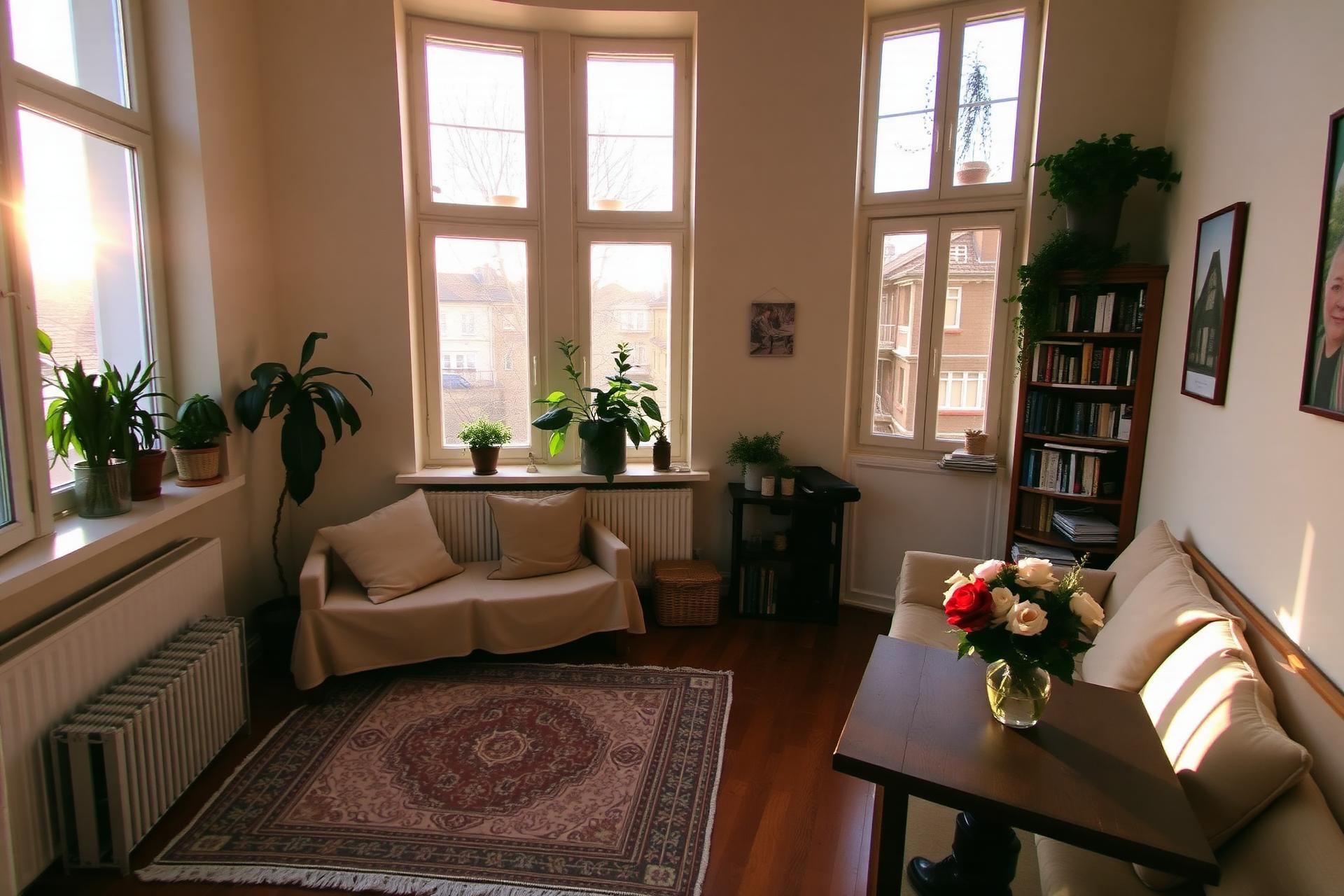 Warm European home interior at golden hour